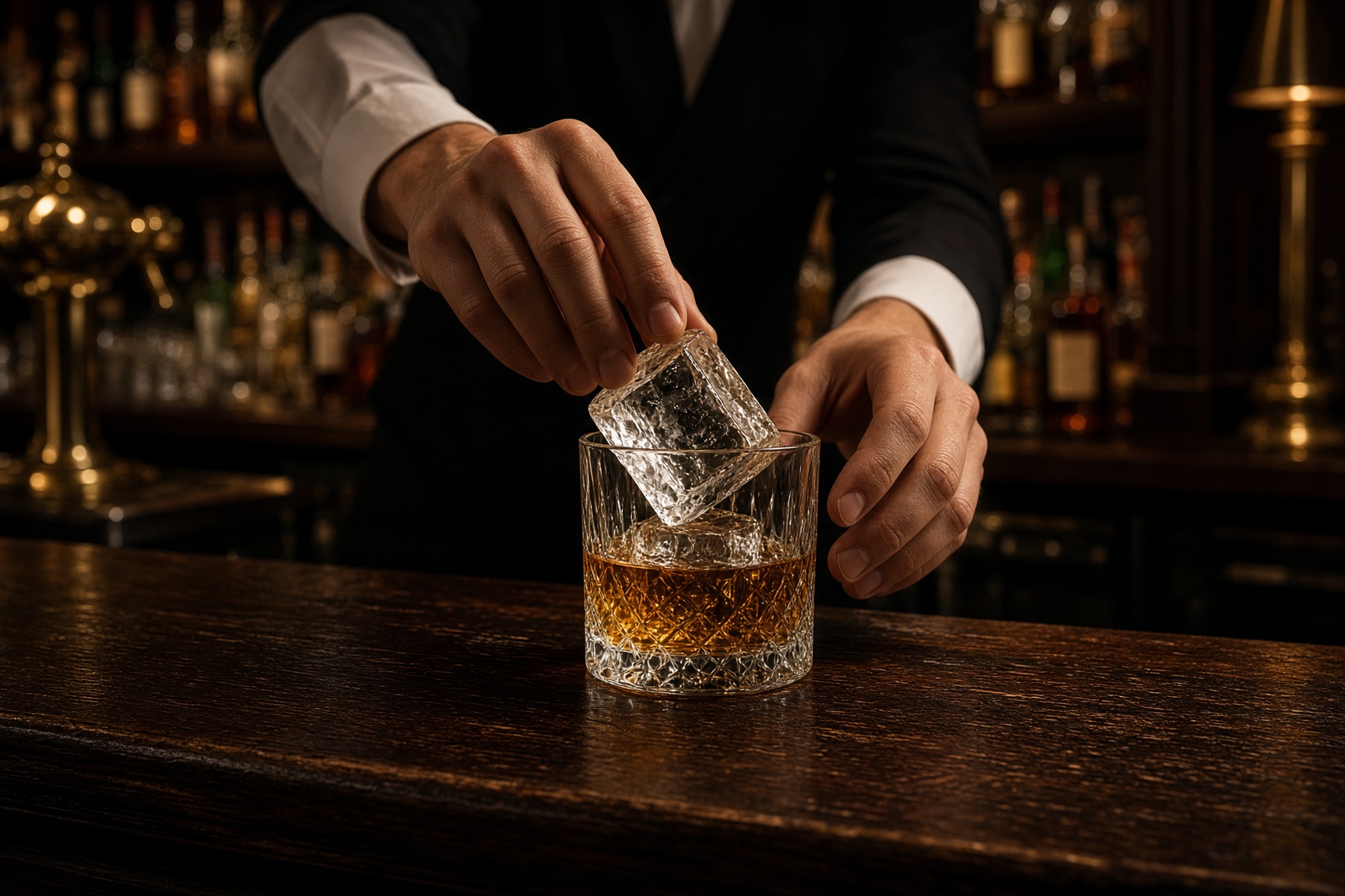 Bartender setting a large clear ice cube into a rocks glass