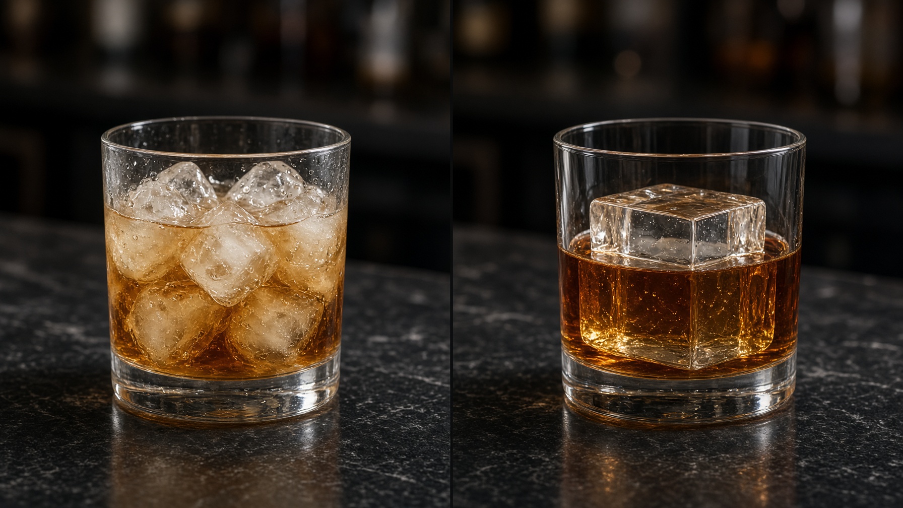 Cloudy melting ice versus a large crystal-clear Titan cube in whiskey