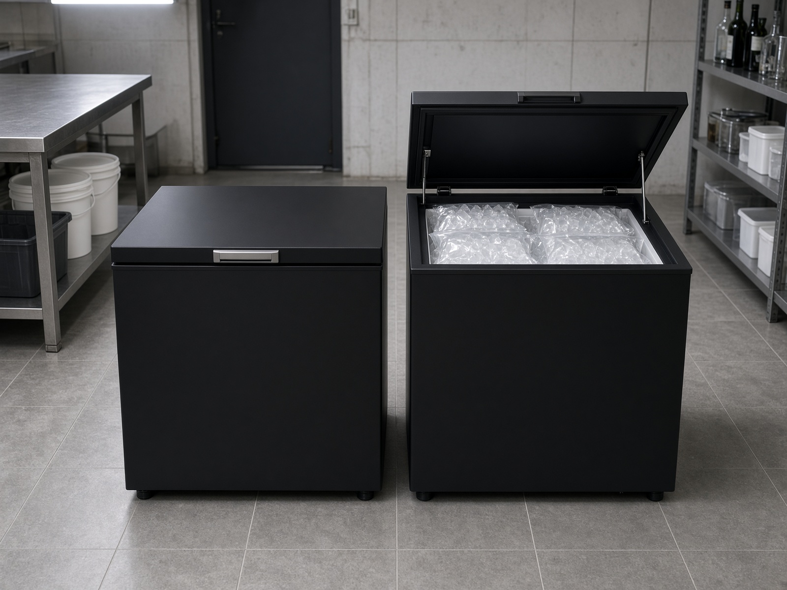 Black 8 cubic foot chest freezers stocked with Titan Ice